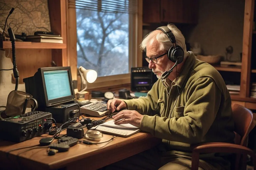 An older man sitting at a desk with headphones and a laptop.