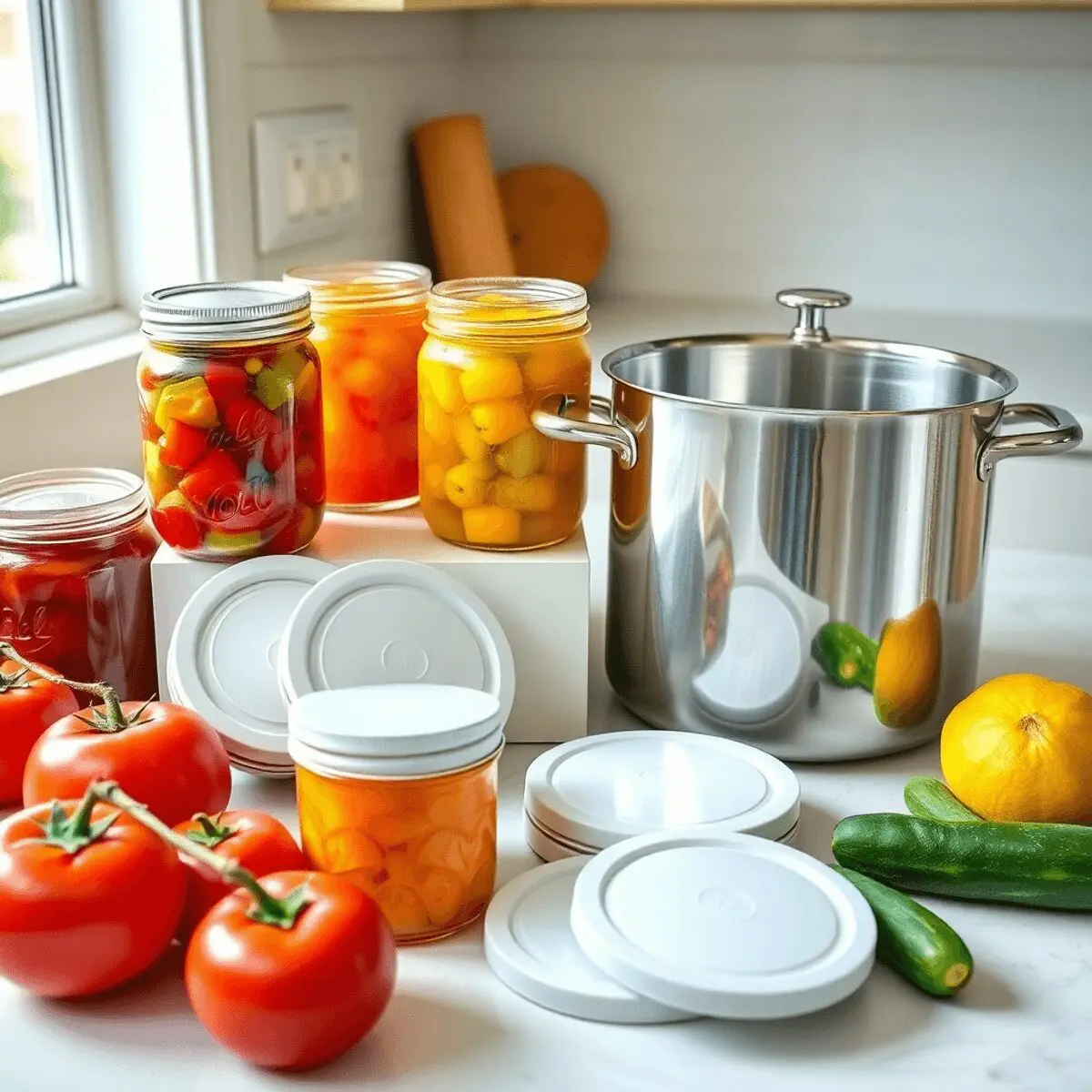Kitchen countertop with glass jars of preserved fruits and vegetables, a large pot, sterilized lids, and fresh tomatoes and cucumbers, showcasing h...