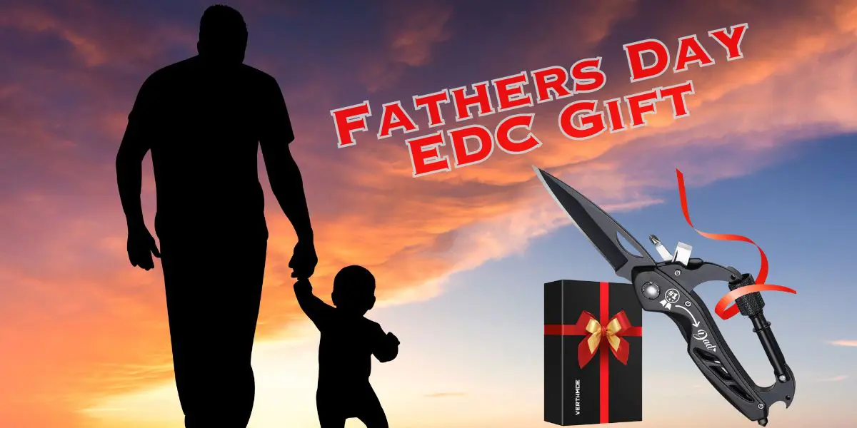 Silhouette of an adult holding a child’s hand at sunset, with text “Father's Day Ultimate Gift” and an image of a multitool next to a gift box.