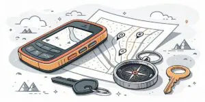 A GPS device, compass, map, and two keys are placed together on a surface, ready for a GPS showdown, with cartoon-style mountain and cloud illustrations in the background.