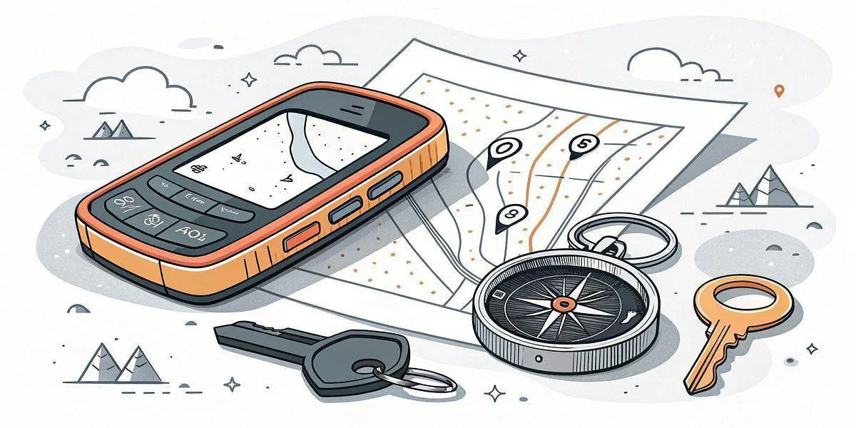 A GPS device, compass, map, and two keys are placed together on a surface, ready for a GPS showdown, with cartoon-style mountain and cloud illustrations in the background.
