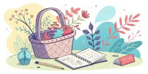 Illustration of a picnic basket filled with flowers, an open notebook with a pencil—perfect for essential journals or prepper journals—a small vase, and a closed book, set outdoors among colorful plants and leaves.