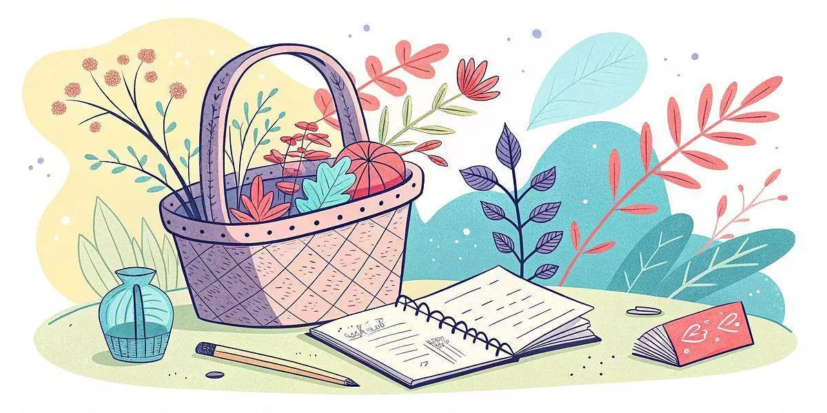 Illustration of a picnic basket filled with flowers, an open notebook with a pencil—perfect for essential journals or prepper journals—a small vase, and a closed book, set outdoors among colorful plants and leaves.