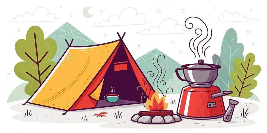Illustration of a yellow tent next to a campfire, a steaming kettle on a stove, with mountains and trees in the background—perfect for showcasing adventure gear or ultralight cooking sets.