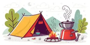 Illustration of a yellow tent next to a campfire, a steaming kettle on a stove, with mountains and trees in the background—perfect for showcasing adventure gear or ultralight cooking sets.