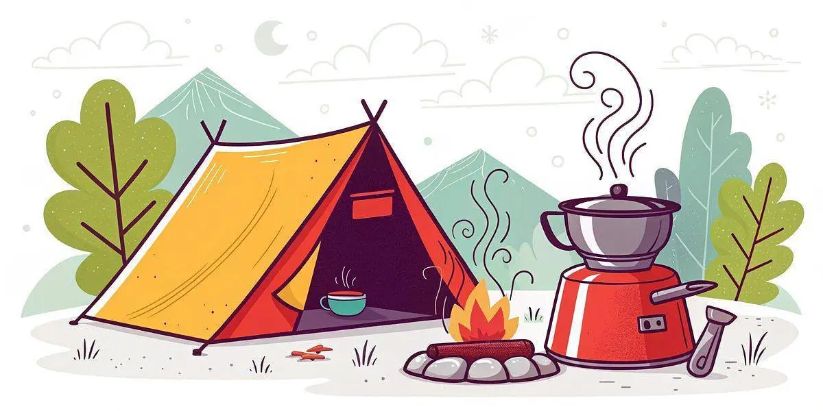 Illustration of a yellow tent next to a campfire, a steaming kettle on a stove, with mountains and trees in the background—perfect for showcasing adventure gear or ultralight cooking sets.