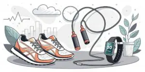 Illustration of running shoes, Smart jump ropes, and a smartwatch displaying "30 min" on a surface, with background elements like a clock, plants, clouds, and an abstract cityscape—capturing the future of fitness in a vibrant scene.