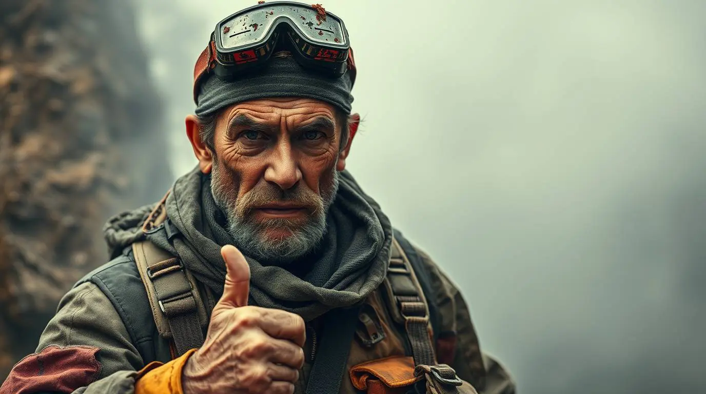 Older man in rugged outdoor gear and goggles gives a thumbs up—a classic example of silent signals valued by preppers—standing in a misty, rocky environment.