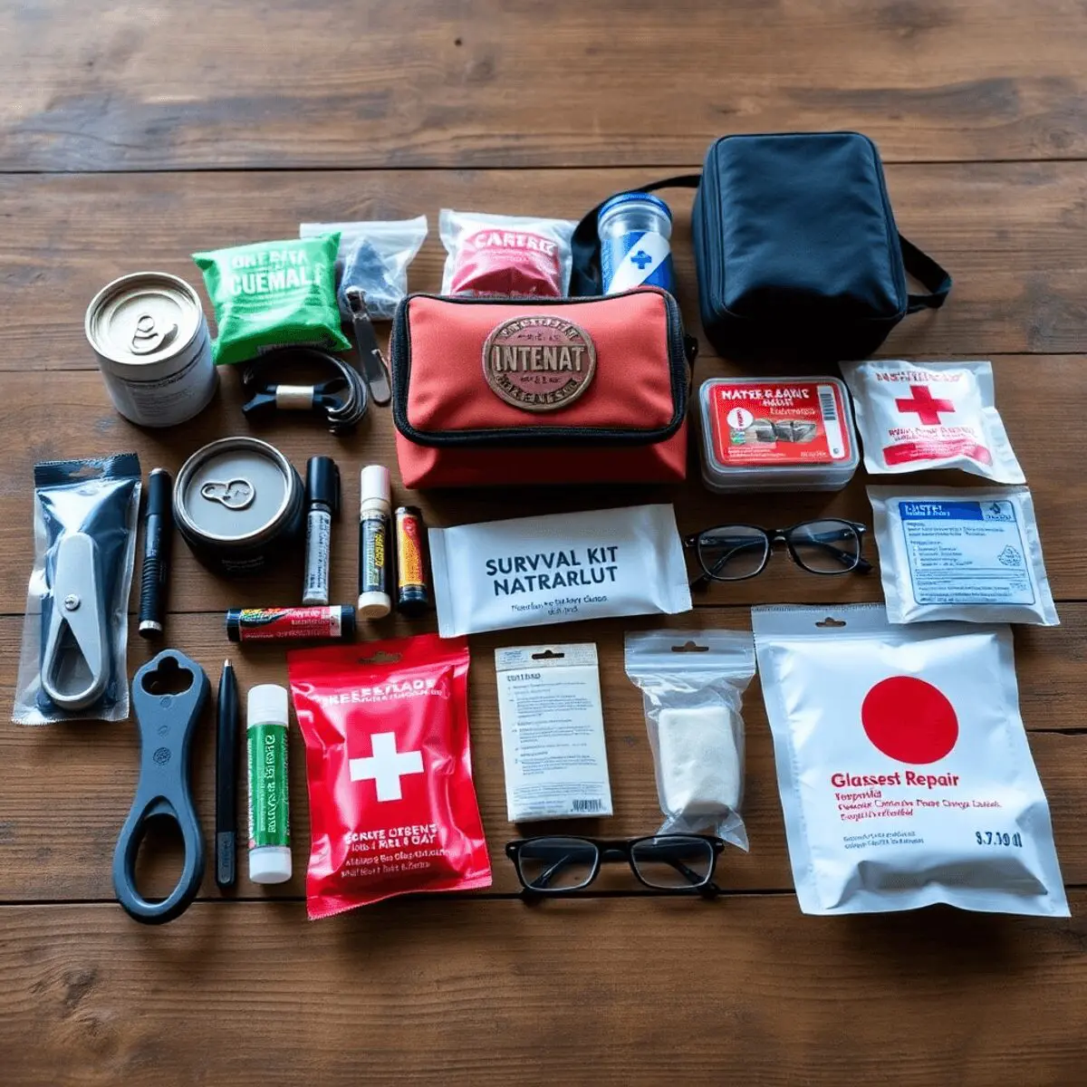 Survival kit with essential items like can opener, lip balm, glasses repair kit, and first aid supplies on a wooden table with a rustic background.