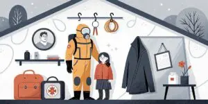 Illustration of a person in a hazmat suit standing beside a child inside a house, surrounded by coats, bags, and medical items—highlighting family safety and peace of mind during uncertain times.