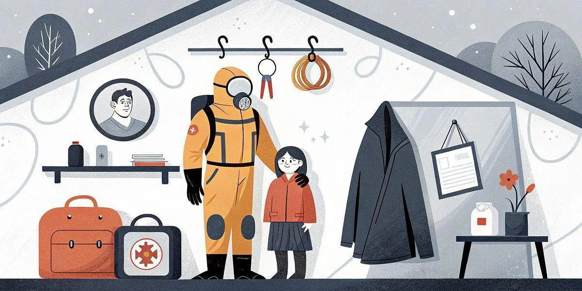Illustration of a person in a hazmat suit standing beside a child inside a house, surrounded by coats, bags, and medical items—highlighting family safety and peace of mind during uncertain times.