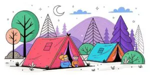 Two people sit inside a pink must-have tent at a campsite with another blue tent, surrounded by trees and mountains under a night sky filled with a crescent moon and stars.