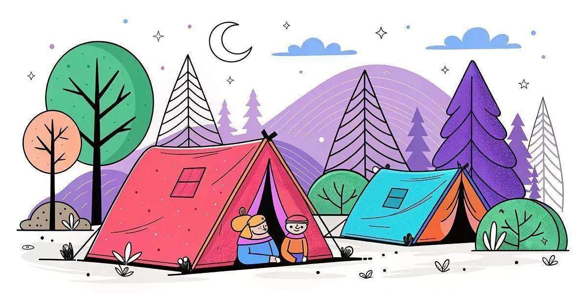 Two people sit inside a pink must-have tent at a campsite with another blue tent, surrounded by trees and mountains under a night sky filled with a crescent moon and stars.