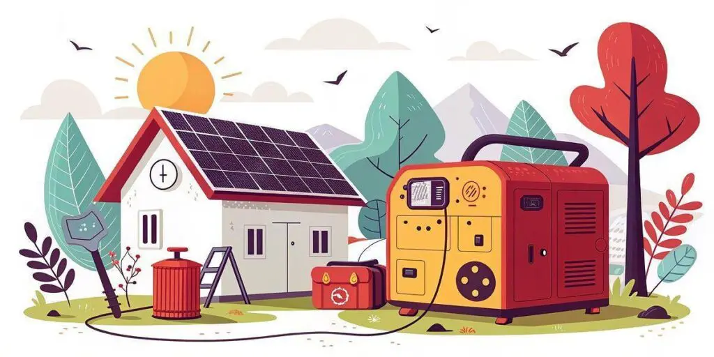 Illustration of a house with solar panels, a battery unit, and a backup generator—perfect for those exploring top selling solar generators—set among outdoor trees under a sunny sky.