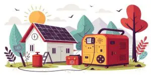 Illustration of a house with solar panels, a battery unit, and a backup generator—perfect for those exploring top selling solar generators—set among outdoor trees under a sunny sky.