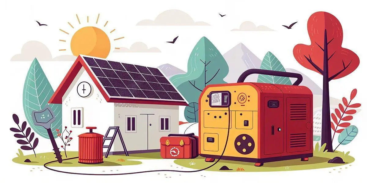 Illustration of a house with solar panels, a battery unit, and a backup generator—perfect for those exploring top selling solar generators—set among outdoor trees under a sunny sky.