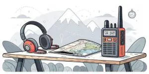 A table with a pair of headphones, a folded map, and a Baofeng radio in front of a mountain backdrop sets the scene for your 2025 adventure.