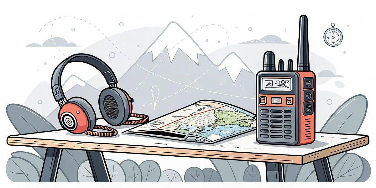 A table with a pair of headphones, a folded map, and a Baofeng radio in front of a mountain backdrop sets the scene for your 2025 adventure.