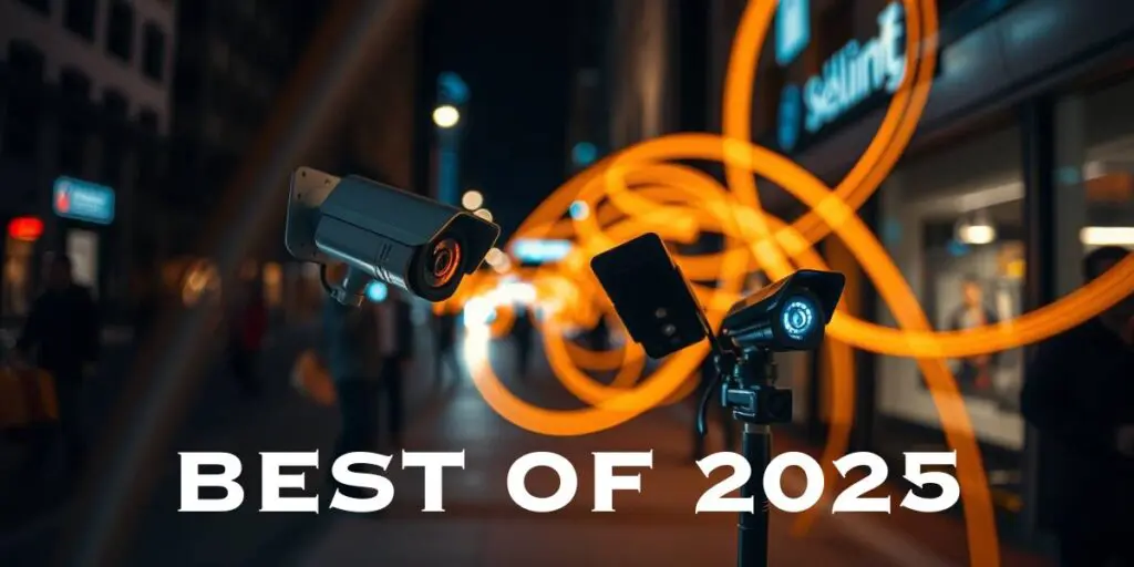 Two must-have security gadgets—a pair of cameras and a spotlight—face a city street at night with orange light trails in the background; text reads "BEST OF 2025. Secure 2025 in style.