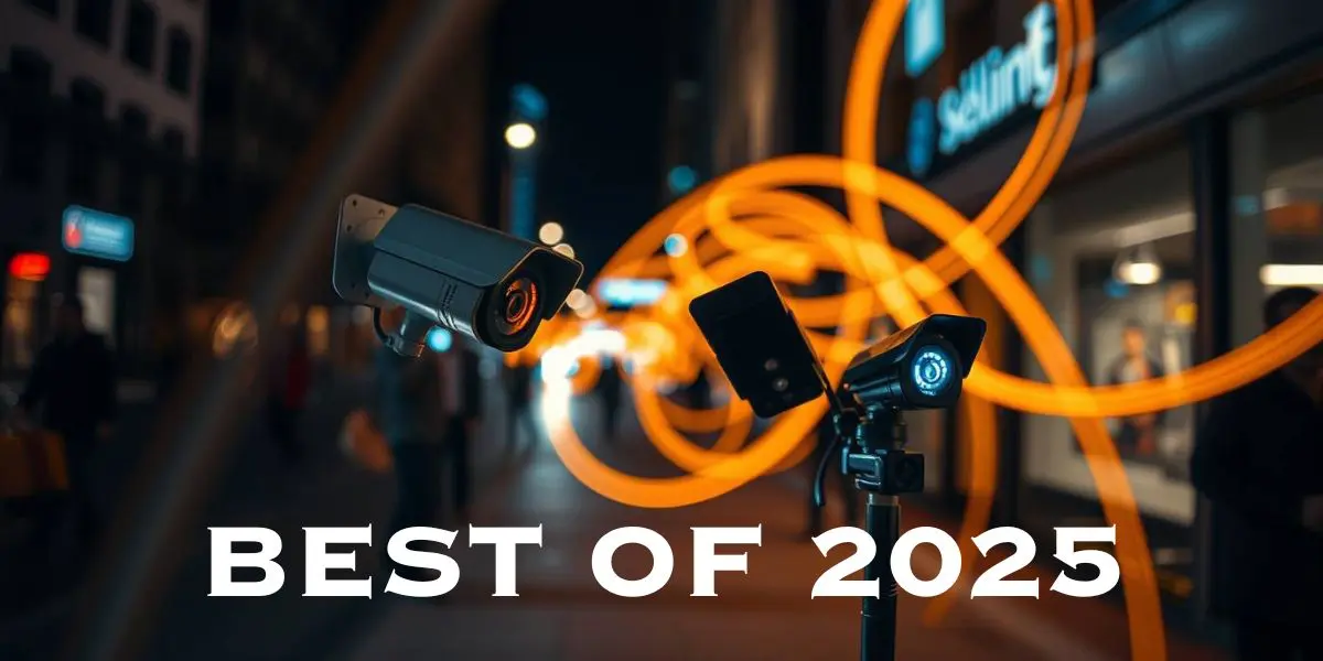 Two must-have security gadgets—a pair of cameras and a spotlight—face a city street at night with orange light trails in the background; text reads "BEST OF 2025. Secure 2025 in style.