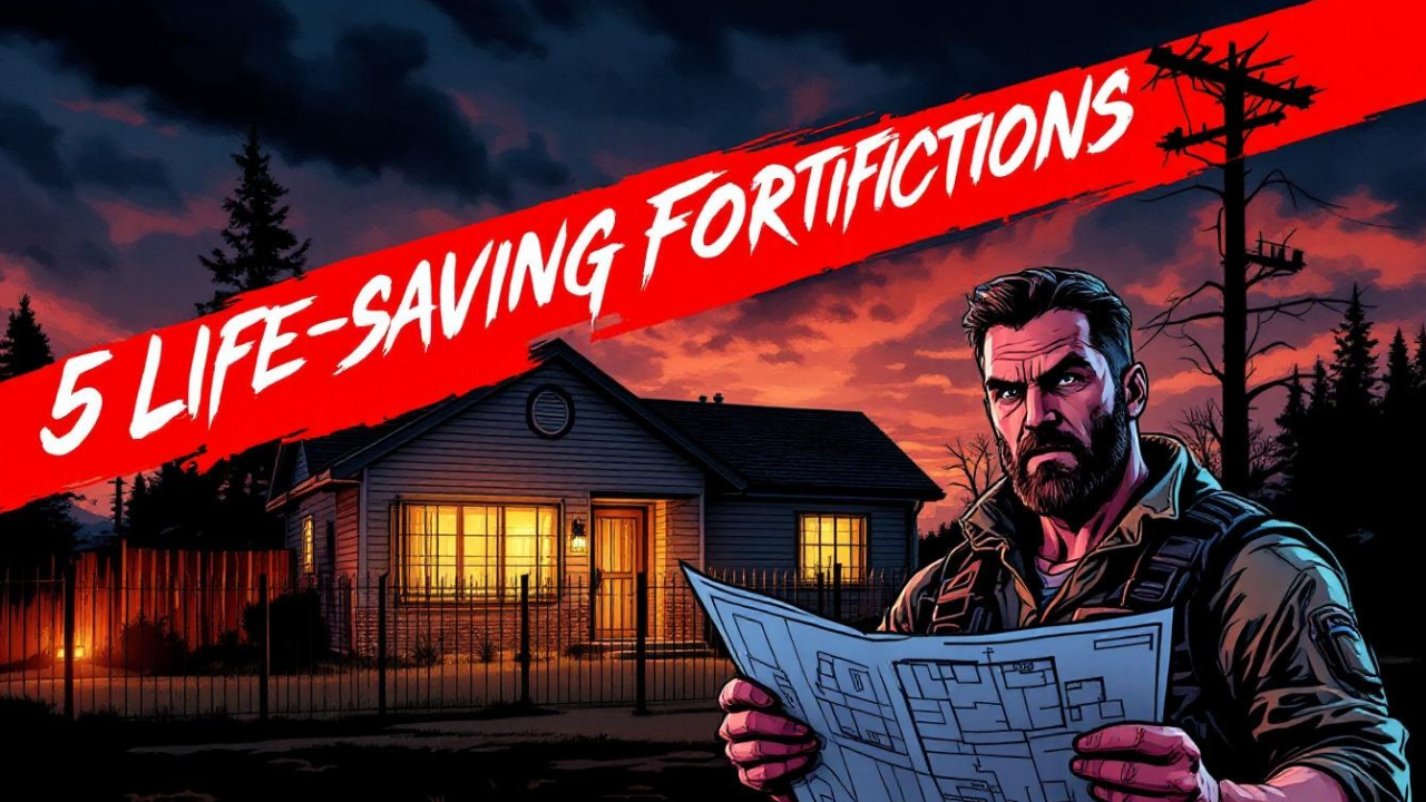A serious man holding blueprints stands in front of a house at dusk under the text "5 Life-Saving Fortifications"—showing essential home fortification steps to protect your family in the face of collapse.