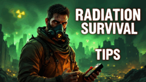 A person in a gas mask holds a device in a post-apocalyptic city with radioactive symbols in the background; large text reads "Radiation Survival Tips: Recognize Radiation Symptoms.