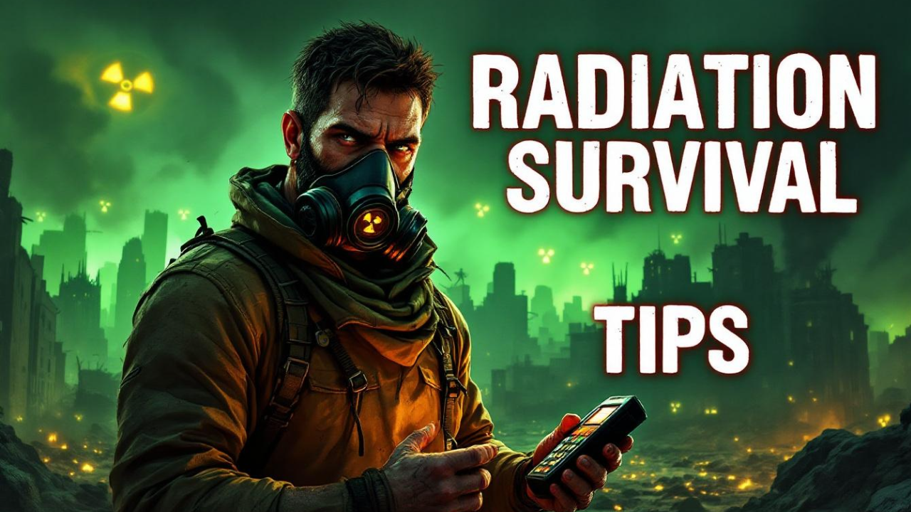 A person in a gas mask holds a device in a post-apocalyptic city with radioactive symbols in the background; large text reads "Radiation Survival Tips: Recognize Radiation Symptoms.