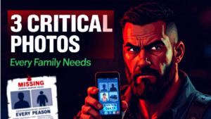 A serious man holds a phone displaying three emergency photos; beside him is a missing person flyer. Text reads "3 Critical Photos Every Family Needs"—vital for family emergency preparedness.