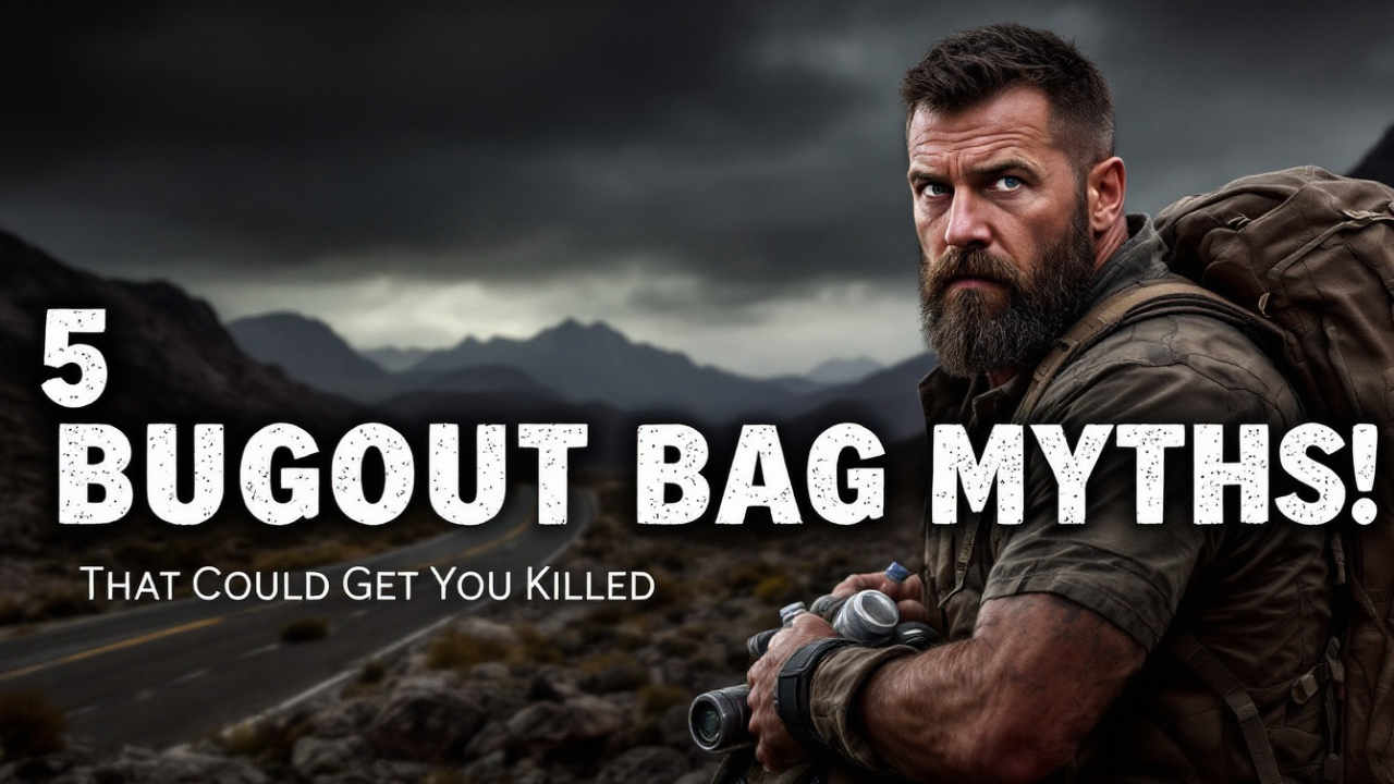 A bearded man with a backpack and binoculars stands on a road in a mountainous landscape under dark clouds. Text reads: "5 Bugout Bag Myths! Why staying home might be the safer choice.