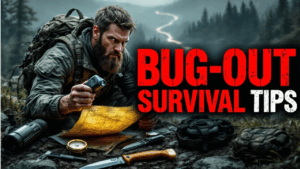 A bearded man in outdoor gear studies a map surrounded by survival gear, ready for any emergency preparedness scenario. Large text reads "Bug-Out Survival Tips" against a rugged, forested background.