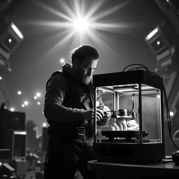 A man uses a 3D printer in a cutting-edge lab, highlighting innovative methods featured in the Prepper's Guide To 3D Printing—essential for modern survival enthusiasts.