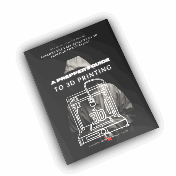 Book cover titled "A Prepper's Guide to 3D Printing" featuring an illustration of a 3D printer and a person in a hooded jacket on a dark background, perfect for your Elementor landing page design.