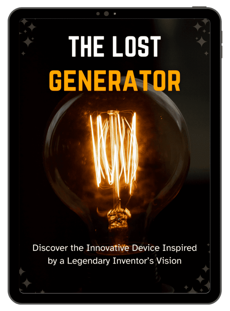 A tablet, like a single post showcasing art, displays the cover of "The Lost Generator," featuring a glowing vintage light bulb. The subtext invites you to "Discover the Innovative Device Inspired by a Legendary Inventor's Vision.