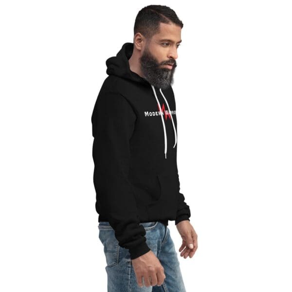 A Modern Warrior Hoodie donning a black hoodie.