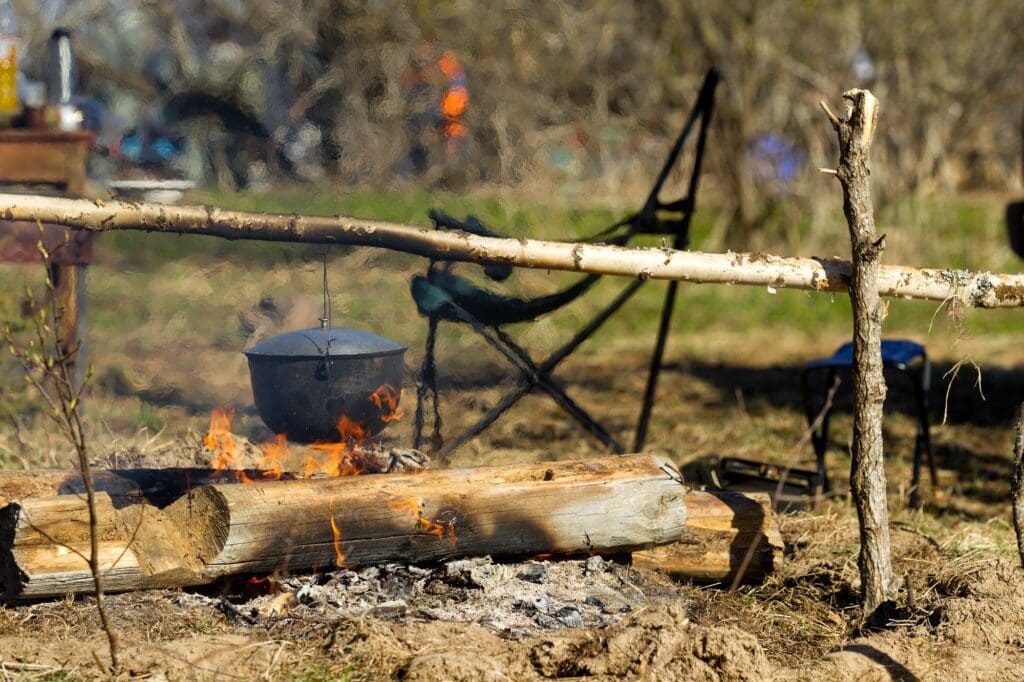 Campfire with a cooking pot