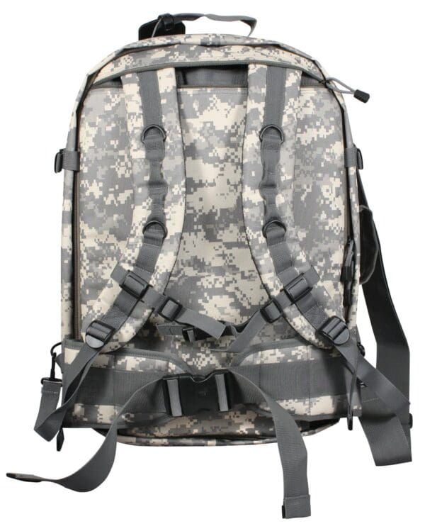 A Rothco Move Out Tactical Travel Backpack featuring ACU Digital Pattern on a white background.