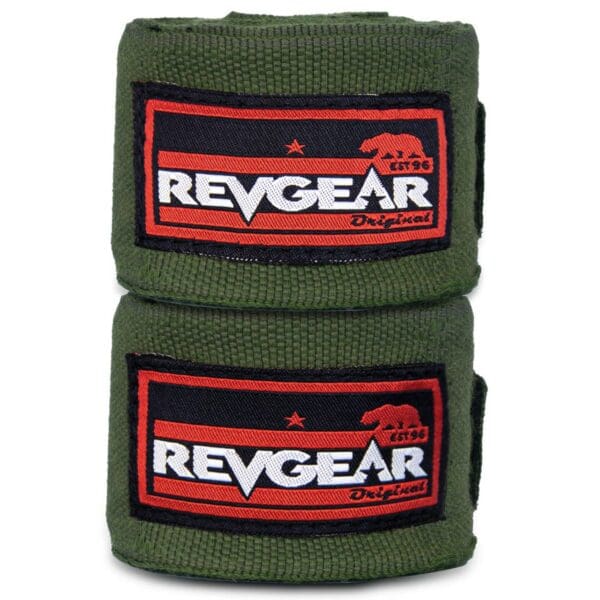 green, REVGEAR PRO SERIES ELASTIC HAND WRAPS WITH FULL WIDTH ANTI-LIFT ENCLOSURE 2X 120, revers gear logo