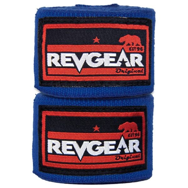 Pair, blue, REVGEAR PRO SERIES ELASTIC HAND WRAPS WITH FULL WIDTH ANTI-LIFT ENCLOSURE 2X 120, re gear logo.