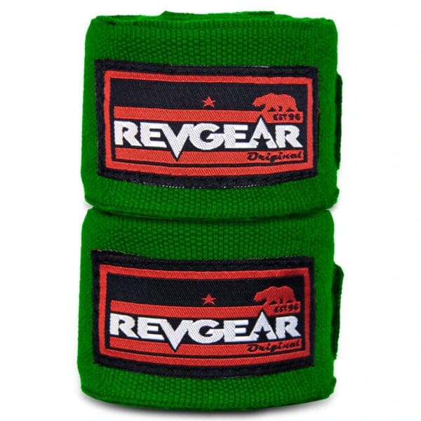 Green, REVGEAR PRO SERIES ELASTIC HAND WRAPS WITH FULL WIDTH ANTI-LIFT ENCLOSURE 2X 120, Revers Gear logo.