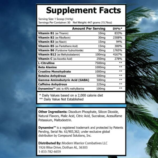 Storm Pre Workout Formula label, palm tree.