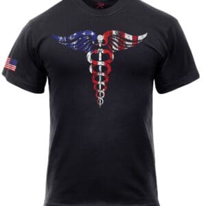 Black t-shirt with caduceus symbol.