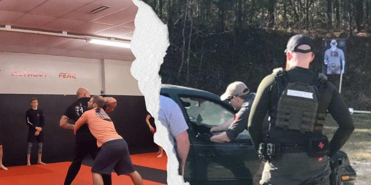 A picture of a police officer and a man engaging in self defense during a martial arts class.