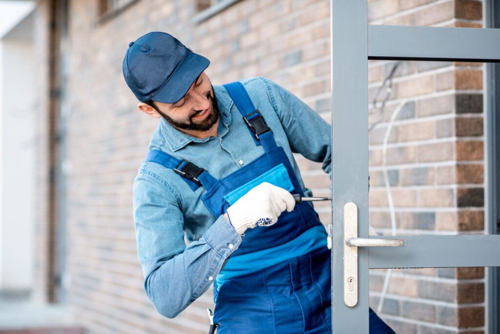 Builder installing door lock