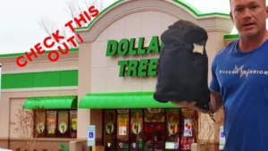 A man holding a bag in front of a dollar tree store.