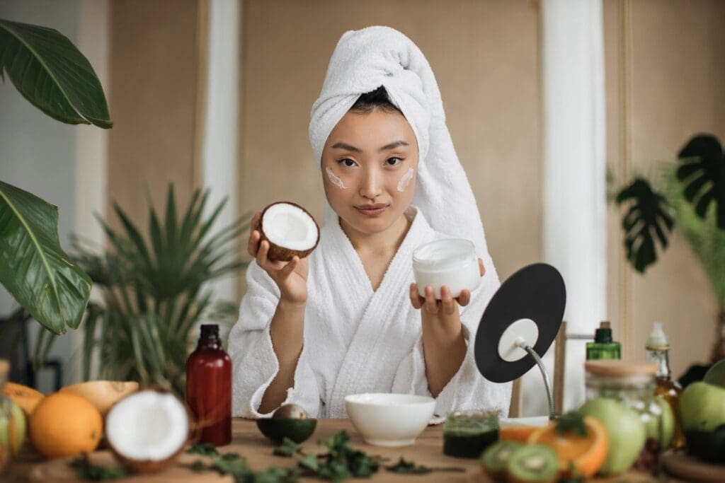 Young asian woman holding half of coconut and making homemade cream for healthy skin.