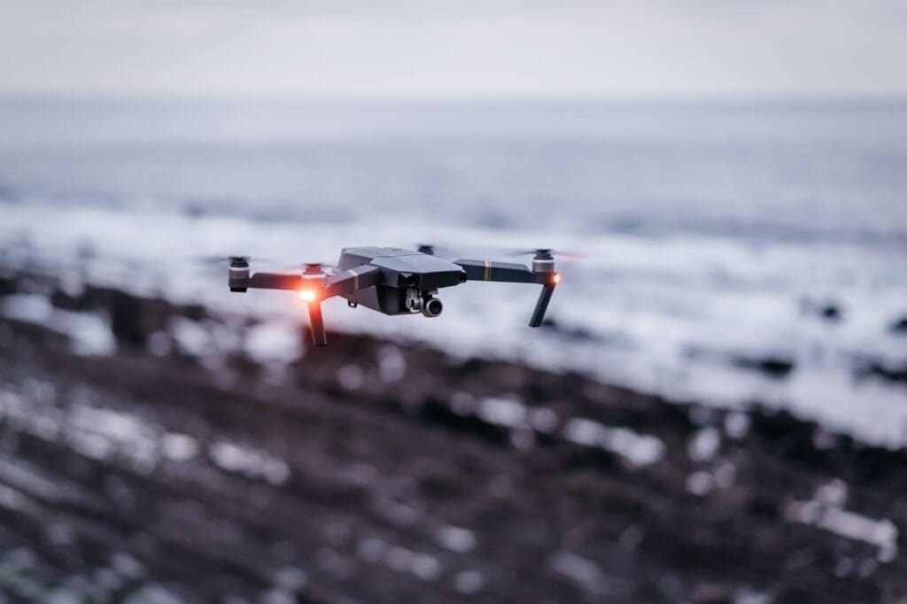 Drone flying near sea