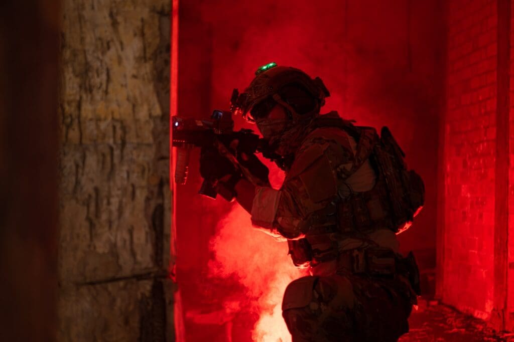 Soldier in anti-terrorist warfare in a dark building, Anti-terrorist operation training