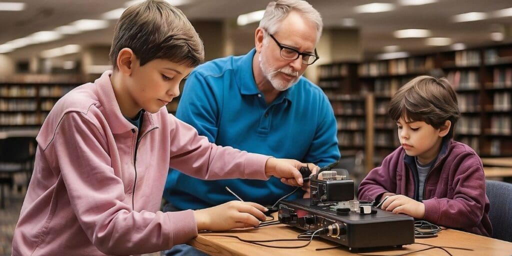 Two boys working on electronics in a library.