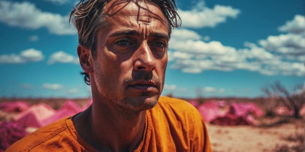 A man in an orange shirt is standing in the middle of a field.