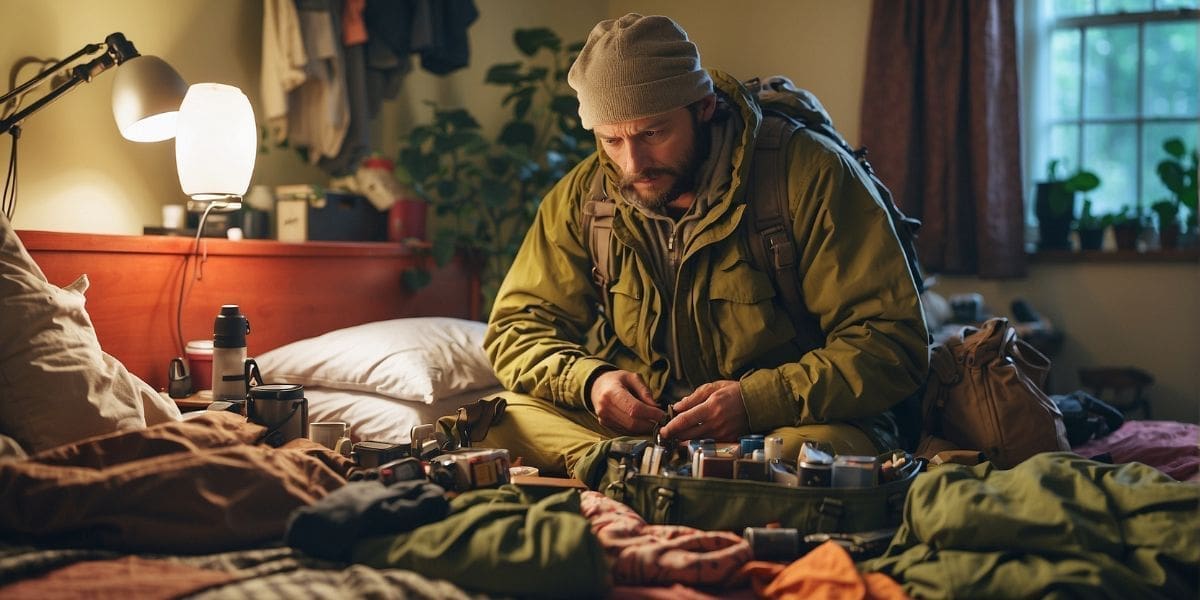 A man sitting on a bed with a backpack.